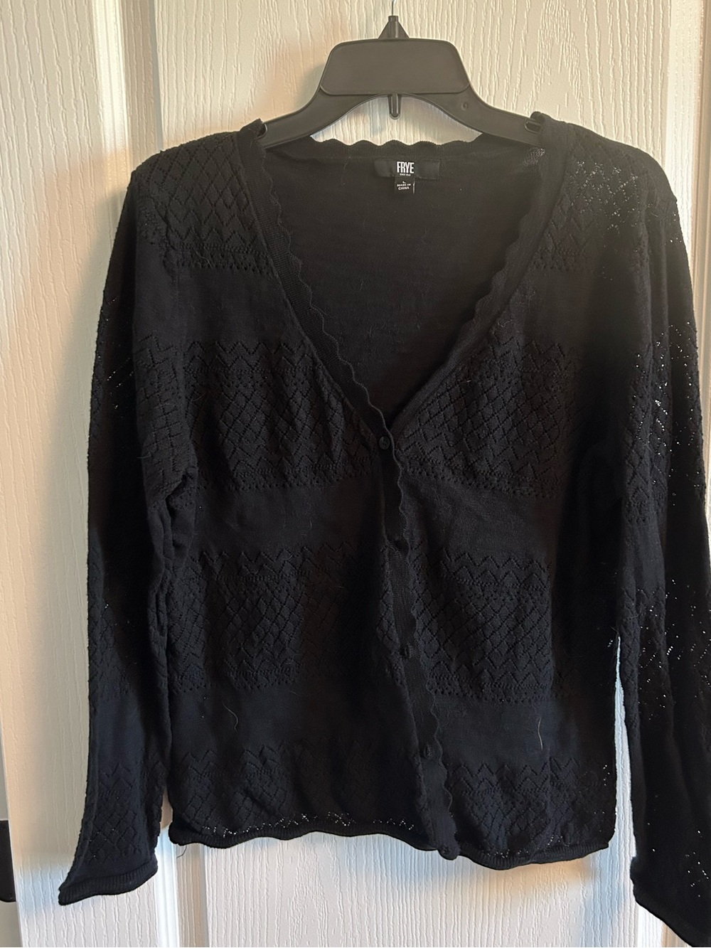 Frye Black Pointelle Knit Scalloped Cardigan